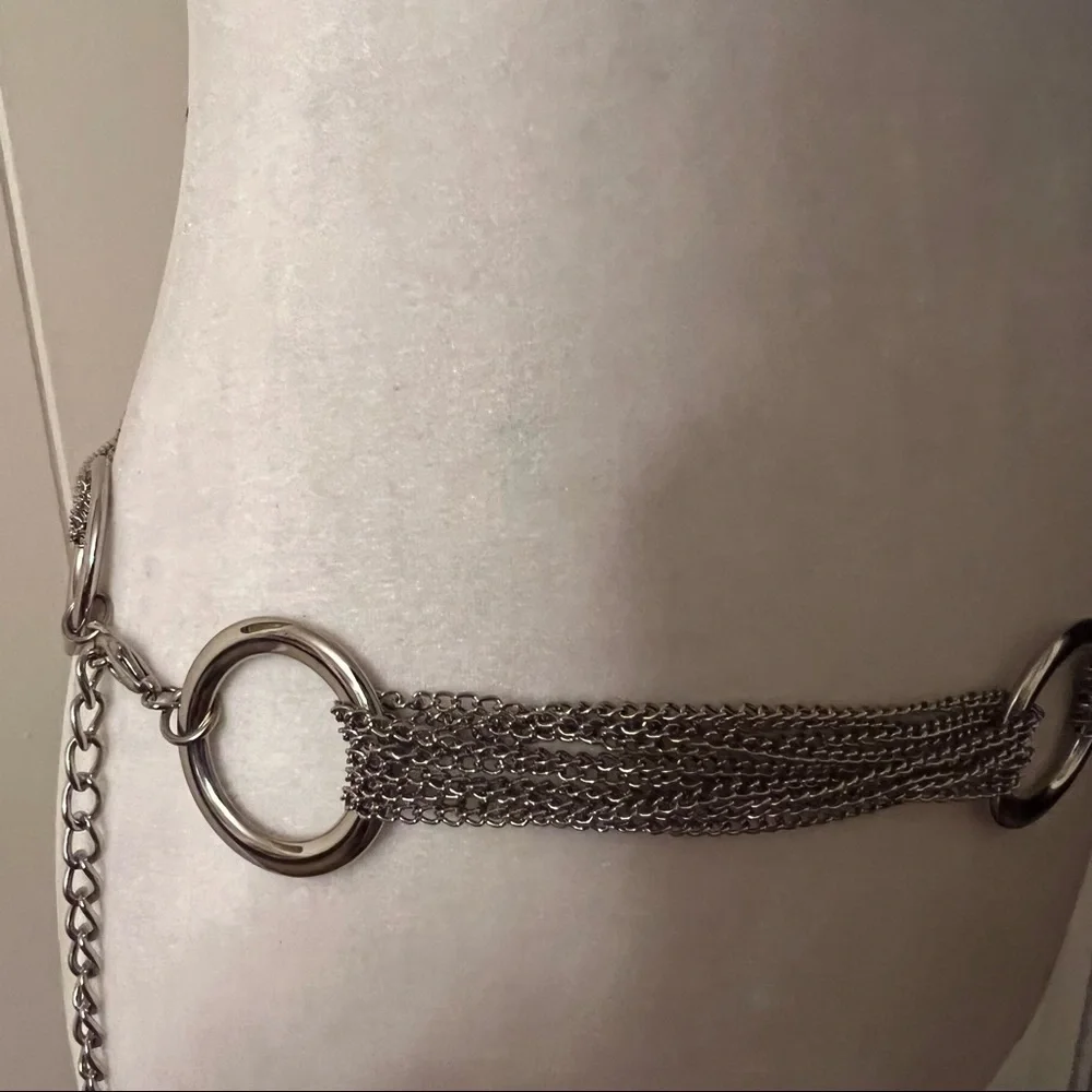 Silver Ring Multi-Chain Tassel Belt | Boho Layered Drape Waist Chain EUC